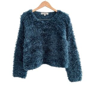 Vintage Dark Teal Fuzzy Texture Sweater V-Neck